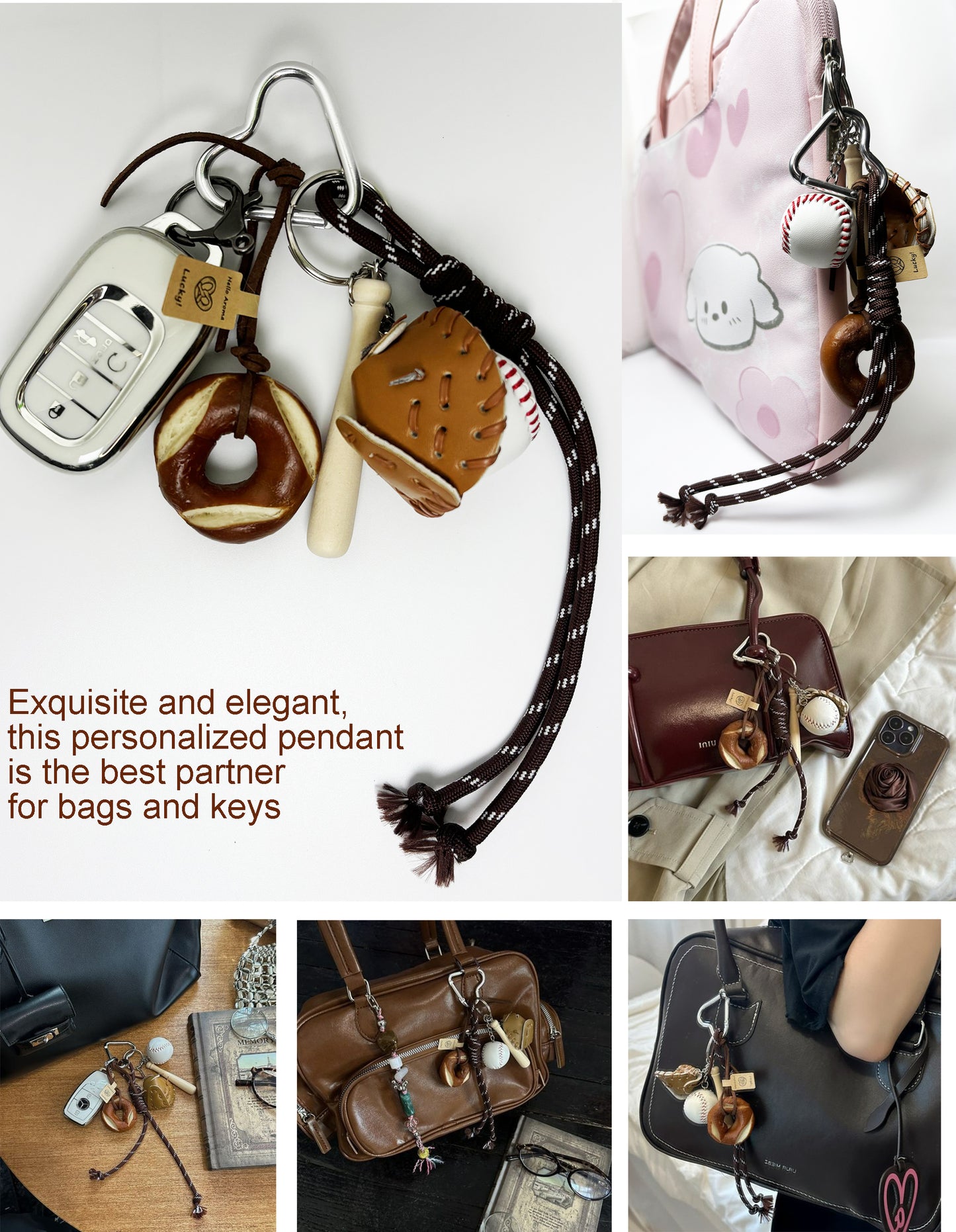 Ins baseball set alkaline water knot bread Miu style braided lanyard keychain pendant bag accessories pendant