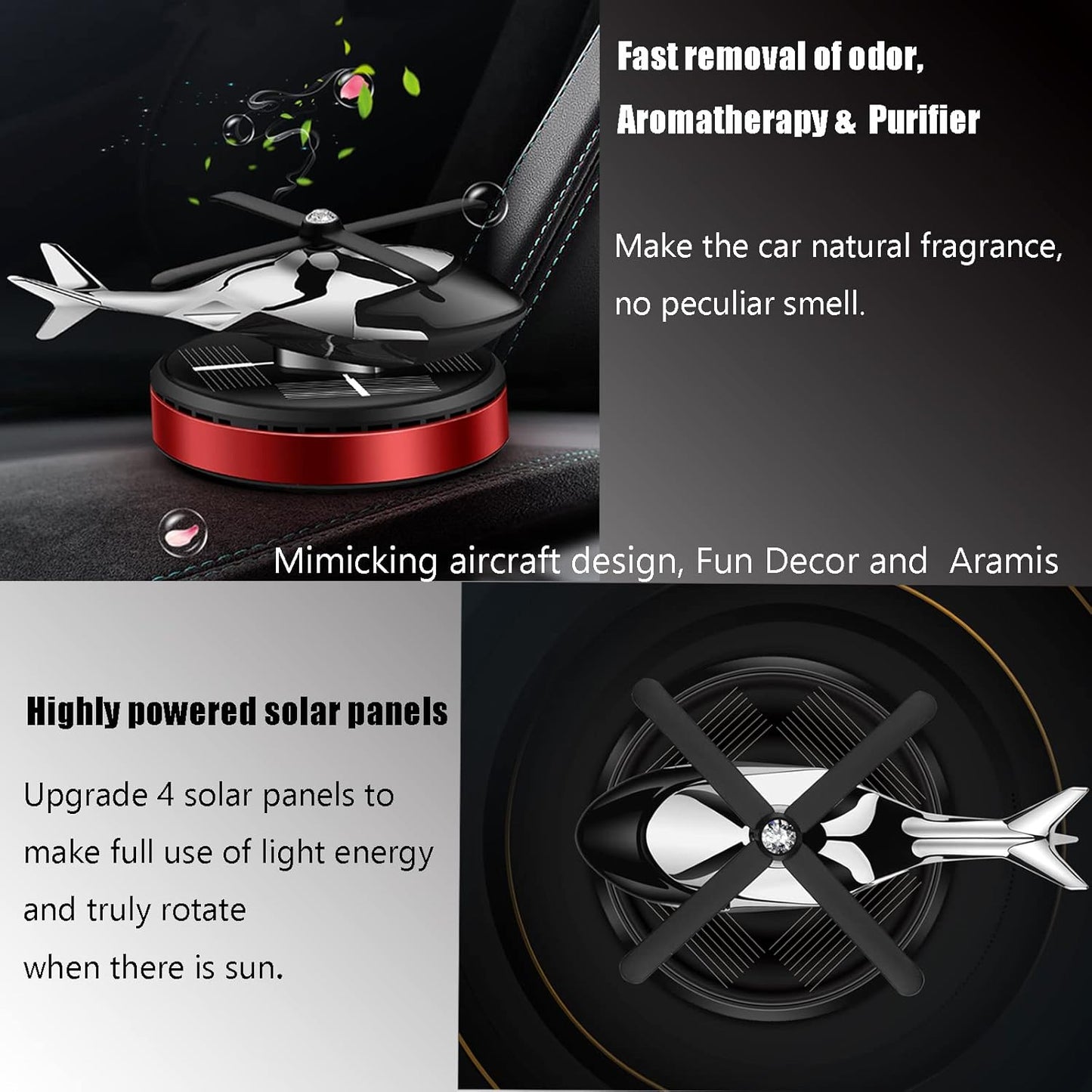 Solar Energy Rotating Helicopter Aroma Diffuser, Car Air Freshener, Pipishoop Long Lasting Fragrance Car Perfume Essential Oil Diffuser, Odor Eliminator Decoration for Car Home Office